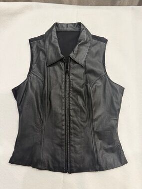 Vintage Wilsons Leather Black Zip Front Vest Genuine Leather Collared Biker